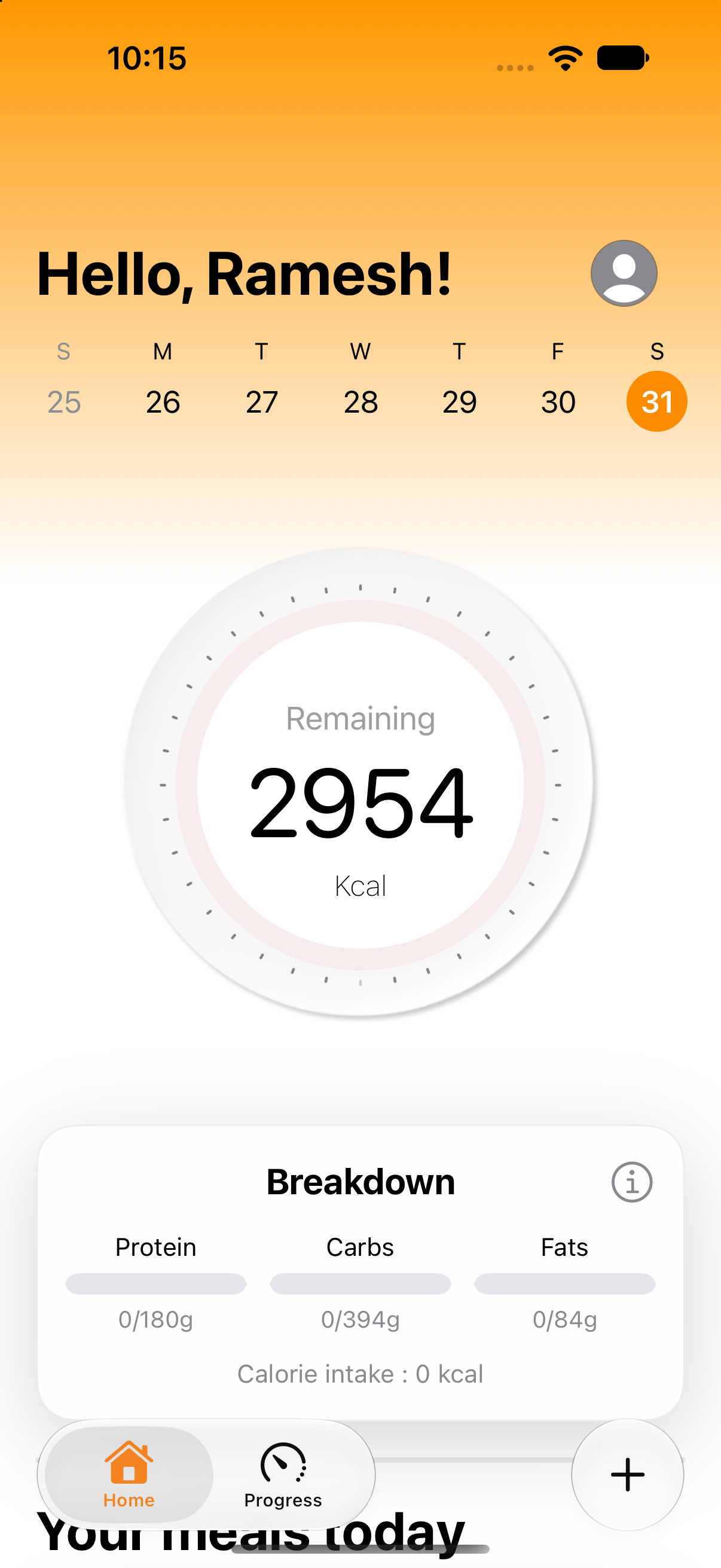 Calwise app interface showing meal tracking