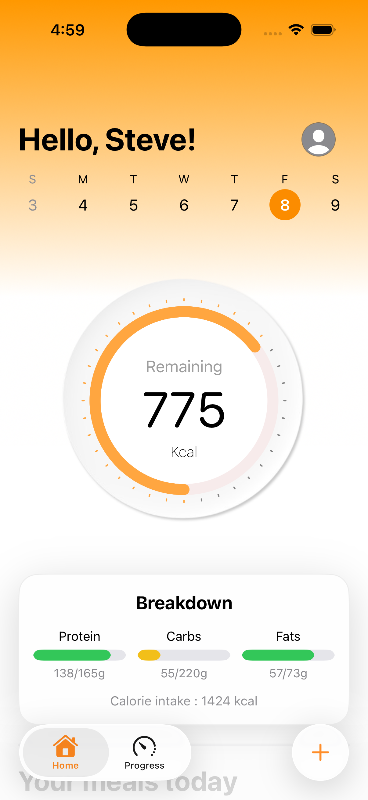 Calwise app interface showing meal tracking